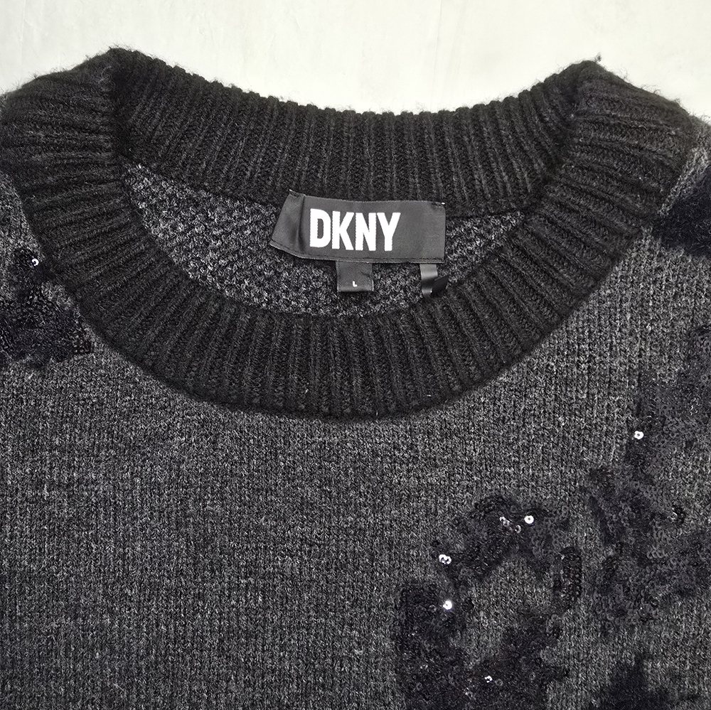 DKNY Sequin Sweater Gray Black Leopard Print Fuzzy Knit Long Sleeve Relaxed L - Picture 8 of 14